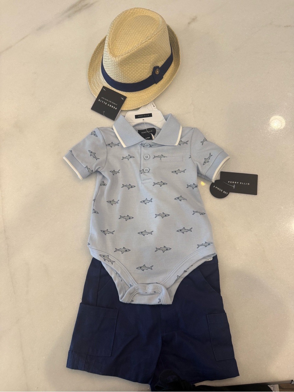 Perry Ellis Boys Light Blue Shark Polo and Navy Shorts Set